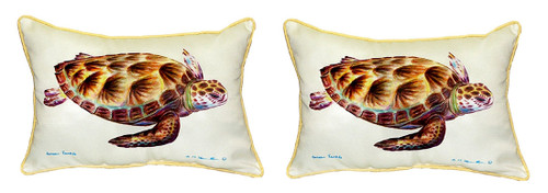 Pair of Betsy Drake Green Sea Turtle Small Outdoor/Indoor Pillows 12 X 12 Main image
