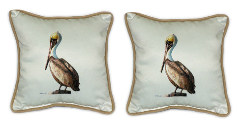 Pair of Betsy Drake Pelican Small Outdoor/Indoor Pillows 12 X 12 Tan Border Main image