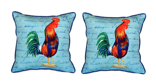 Pair of Betsy Drake Blue Rooster Script - Large Indoor/Outdoor Pillows 18x18 Main image