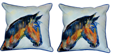 Pair of Betsy Drake Blue Horse Large Indoor/Outdoor Pillows Main image