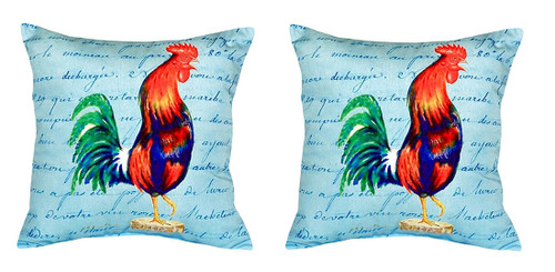 Pair of Betsy Drake Blue Rooster Script - No Cord Pillows 18 Inch X 18 Inch Main image