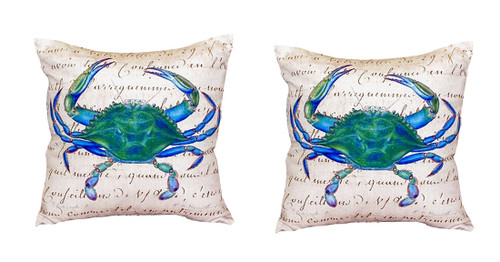 Pair of Betsy Drake Male Blue Crab Beige No Cord Pillows 18 Inch X 18 Inch Main image