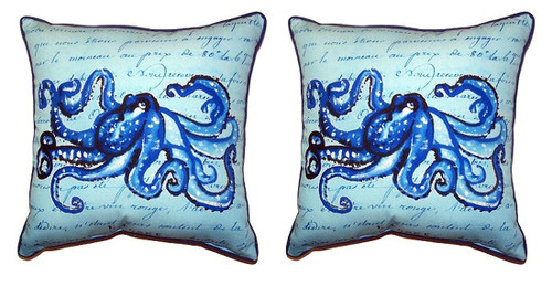 Pair of Betsy Drake Blue Script Octopus Small Pillows 12 Inch X 12 Inch Main image