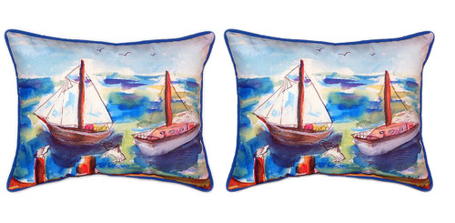 Pair of Betsy Drake Two Sailboats Large Indoor/Outdoor Pillows 16x20 Main image