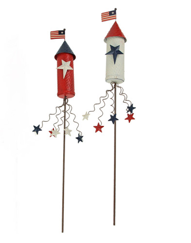 Set of 2 Red & White Stars & Stripes Garden Stake Patriotic Yard Art Décor Main image