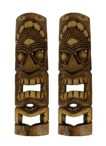 Hand Carved Natural Stained Wood Polynesian Style Tiki Masks 20 inch Set of 2 Main image