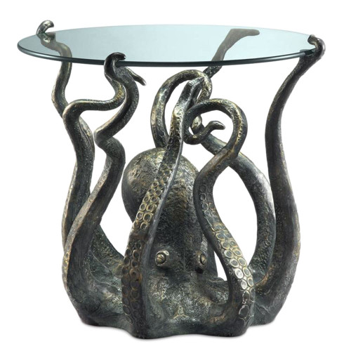 Incredible Cast Aluminum Octopus Glass Top End Table Main image