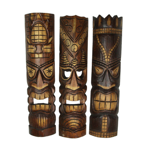 Set of 3 Exquisite 24-Inch High Hand-Carved Tiki Mask Wall Hanging Sculptures Main image