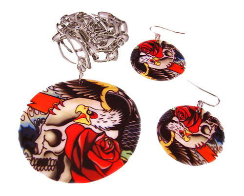 Tattoo Skull & Roses Shell Necklace & Earrings Set Main image