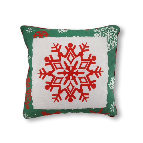 Reversible Winter Crisp Red and Green Snowflakes Pillow 18 In. Main image