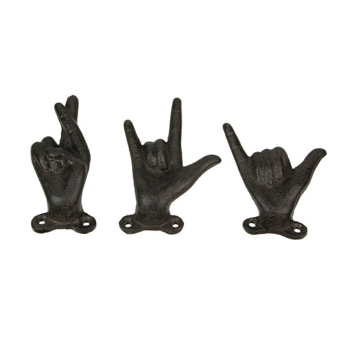 Set of 3 Brown Cast Iron Hand Gesture Wall Hooks Main image