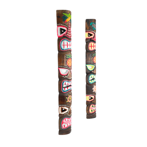 Set of 2 Triple-Faced Tiki Wall Sculptures – Palm Tree, Sun & Sea Turtle Designs Additional image