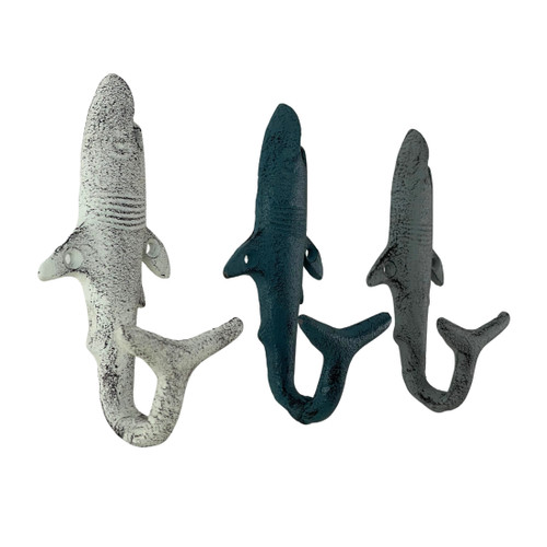 Set of 3 Shark Wall Hooks in Blue, Gray, White – Perfect for Nautical Themes Additional image