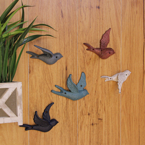 Charming Set of 5 Coastal Coral Color Cast Iron Flying Birds Wall Sculptures Main image