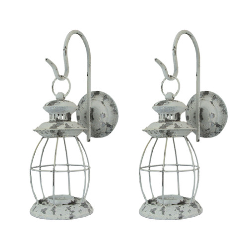 Set of 2 Distressed Wall-Mounted Metal Candle Sconces Lanterns Additional image