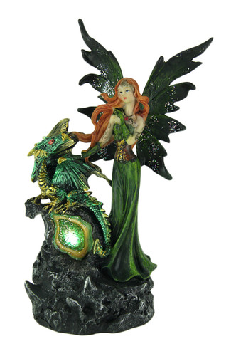 Emerald Green Fairy And Dragon LED Lighted Geode Statue Main image