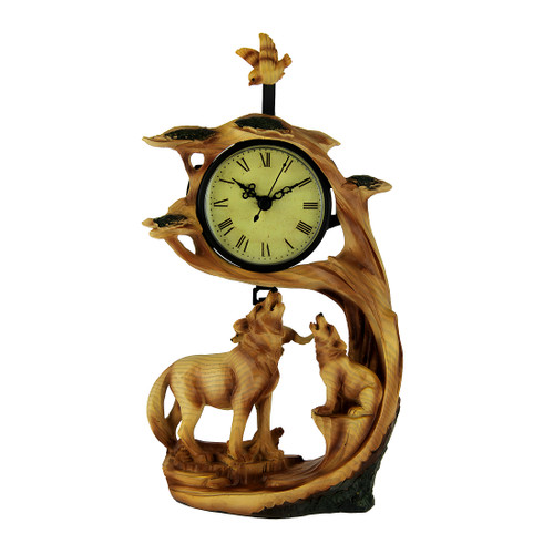 Wolf Family Safari Carved Wood Look Clock Figurine Main image