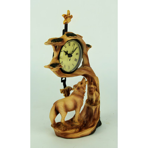 Wolf Family Safari Carved Wood Look Clock Figurine Additional image