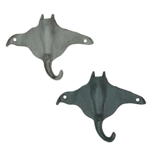 Set of 2 Cast Iron Stingray Wall Hooks Blue Gray Coastal Nautical Decor Main image