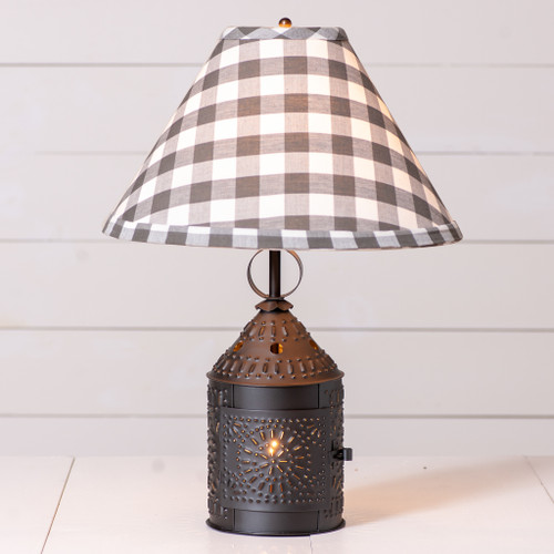 Smokey black table lamp 21.5in with gray check fabric shade, 3-way switch Main image