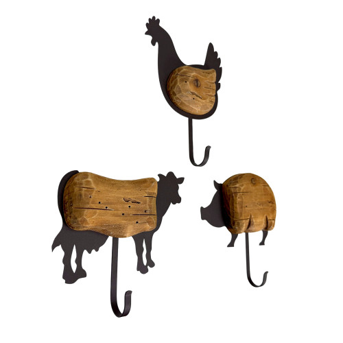 Farm Animal Decorative Wall Hooks Set of 3 Wood Metal Chicken Cow Pig Additional image