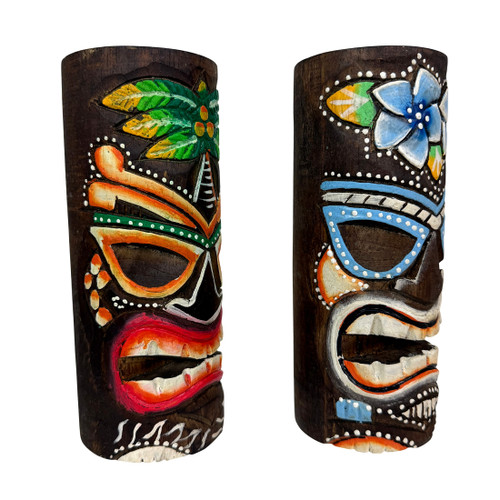 Set of 2 Wooden Tiki Statues 8 in Hand Painted Palm Flower Shelf Decor Additional image