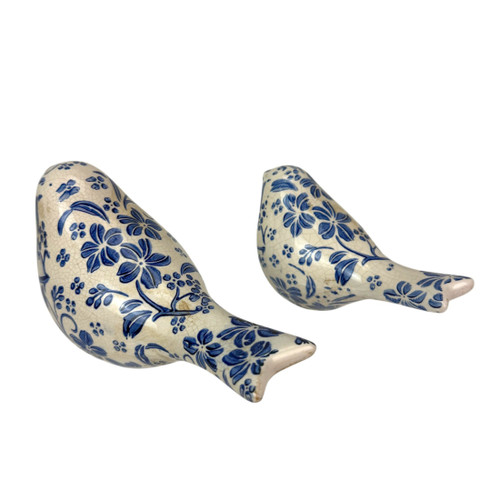 Blue White Ceramic Bird Figurine Set of 2 Delft Style 8.25 in Decor Additional image