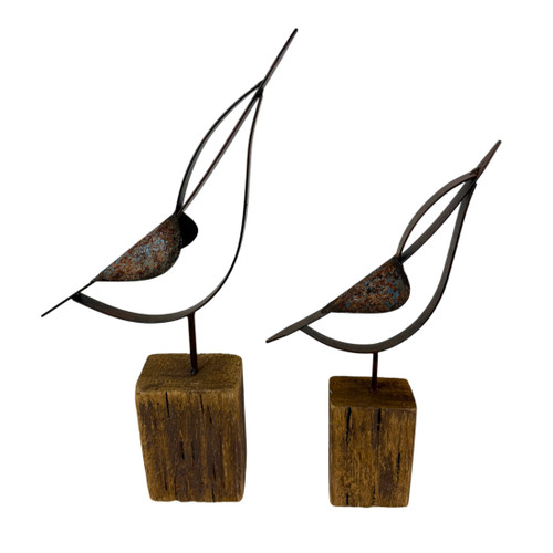 Abstract Bird Statues Set of 2 Rustic Wood Metal Tabletop Sculptures 13.25in Main image