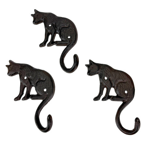 Set of 3 Cast Iron Cat Wall Hooks Aged Brown Rustic 6.5 in Decorative Main image