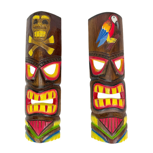 Set of 2 Tiki Wall Masks Hand Carved Wood 19.75 in Parrot Skull Decor Main image