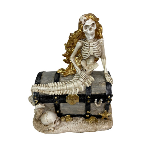 Mermaid Skeleton Figurine Pirate Treasure Chest Resin Statue 8 in Decor Main image