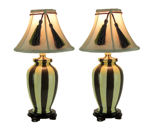 Vertical Striped Small Ceramic Table Lamp with Tassel Shade Set of 2 Main image