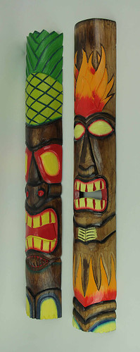 39 inch Tall Hand Crafted Wooden Tiki Totem Wall Mask Set of 2 Additional image