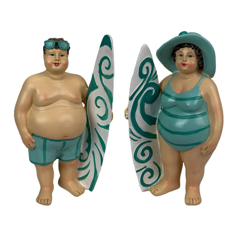Surfing Beach Couple Figurine Set Aqua Resin Coastal Decor 5.75 In Main image