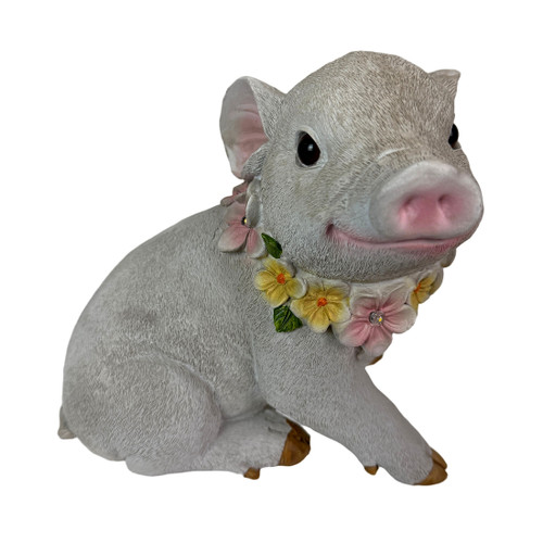 Solar Piglet Garden Light White Resin Flower LED Outdoor Figurine 7.5 In Main image