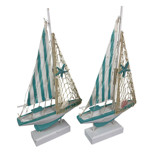Set of 2 LED Sailboat Statues Coastal Aqua Wood Tabletop Decor 17.25 In Additional image