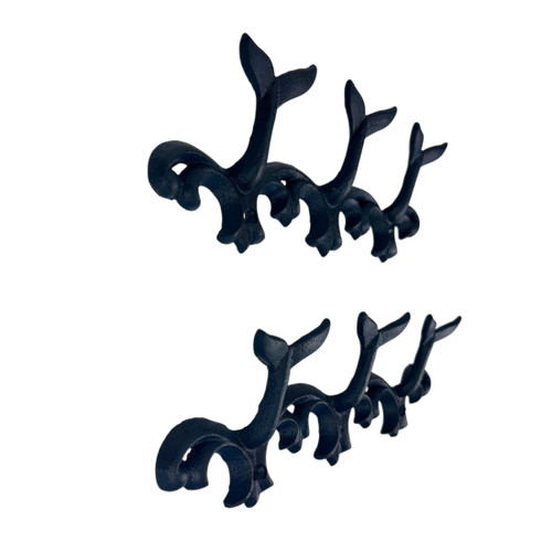 Set of 2 Whale Tail Wall Hooks Cast Iron Blue Coastal Triple Hook 10.5 In Additional image