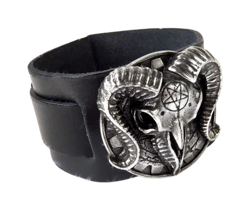 Alchemy Gothic Gears of Aiwass Pagan Goat Skull Leather Bracelet Main image
