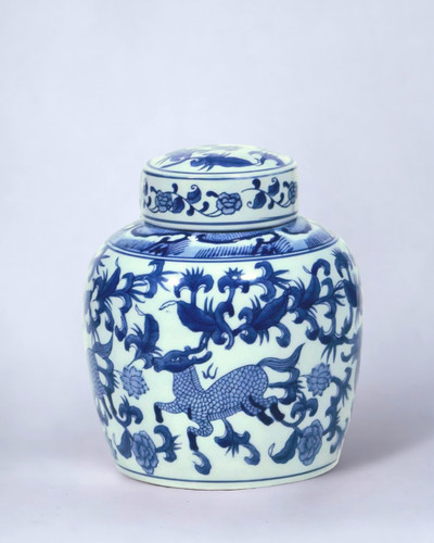 AAI 9" Ginger Jar, Chinoiserie Deer Design, Blue and White Main image