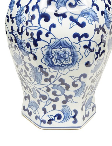 14 Inch Tall Blue And White Floral Hexagonal Ginger Jar Additional image