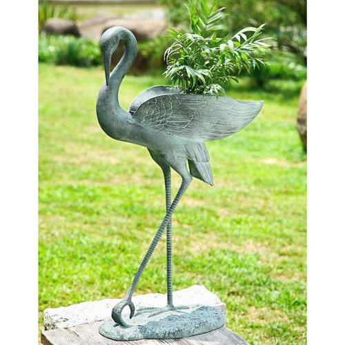 Verdigris Finish Indoor Outdoor Crane Bird Planter 30 Inches Tall Additional image