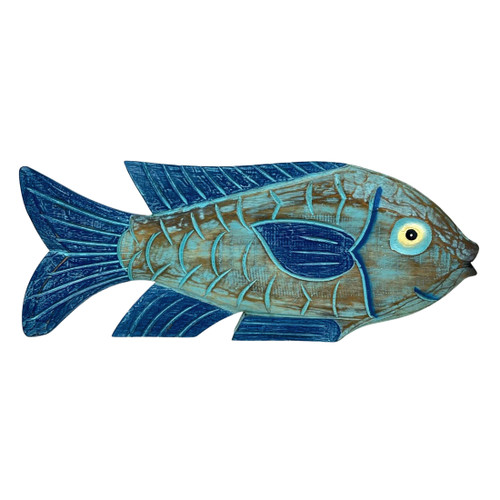 Hand Carved Blue Wooden Fish Statue 19" Nautical Coastal Decor Wood Accent Main image