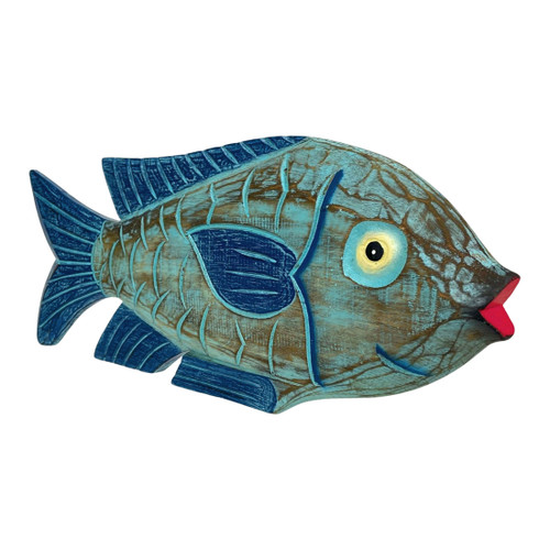 Hand Carved Blue Wooden Fish Statue 19" Nautical Coastal Decor Wood Accent Additional image