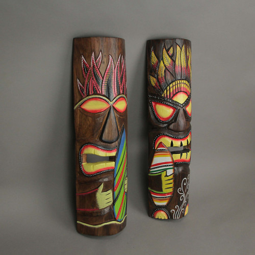 Elemental Fire and Wind Carved Wooden Surfer Tiki Wall Masks 20 Inch Set of 2 Additional image