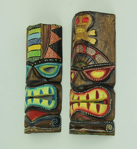 12 inch Tall Hand Crafted Wooden Tiki Totem Wall Mask Set of 2 Additional image