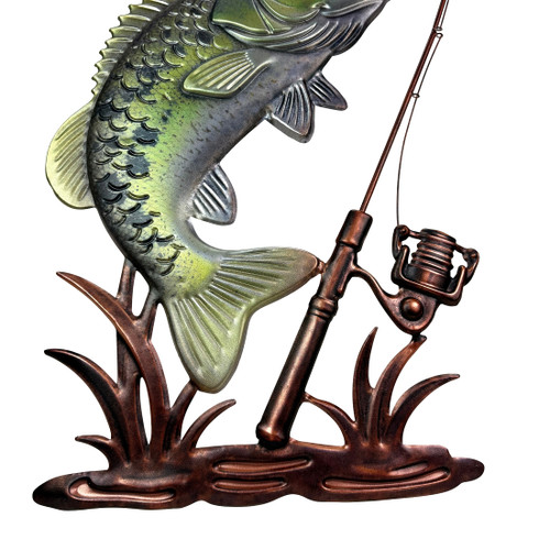 Fish Wall Sculpture Largemouth Bass Fishing Rod Metal 39.5 Inch Tall Additional image