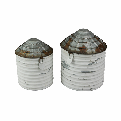 Vintage White Finish Galvanized Decorative Tin Silo Canister Set of 2 Main image