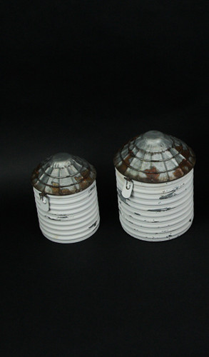 Vintage White Finish Galvanized Decorative Tin Silo Canister Set of 2 Additional image