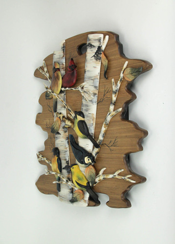 Birds On A Birch Tree Natural Wood Hand Carved Wall Art Hanging Lodge Home Decor Additional image
