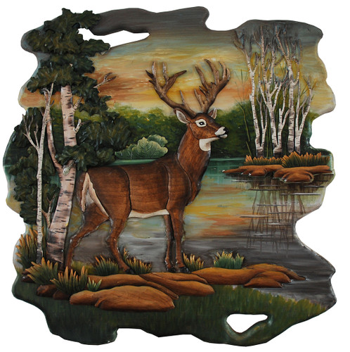 Deer in Woods Hand Crafted Intarsia Wood Art Wall Hanging 26 X 26 X 2.5 Inches Main image